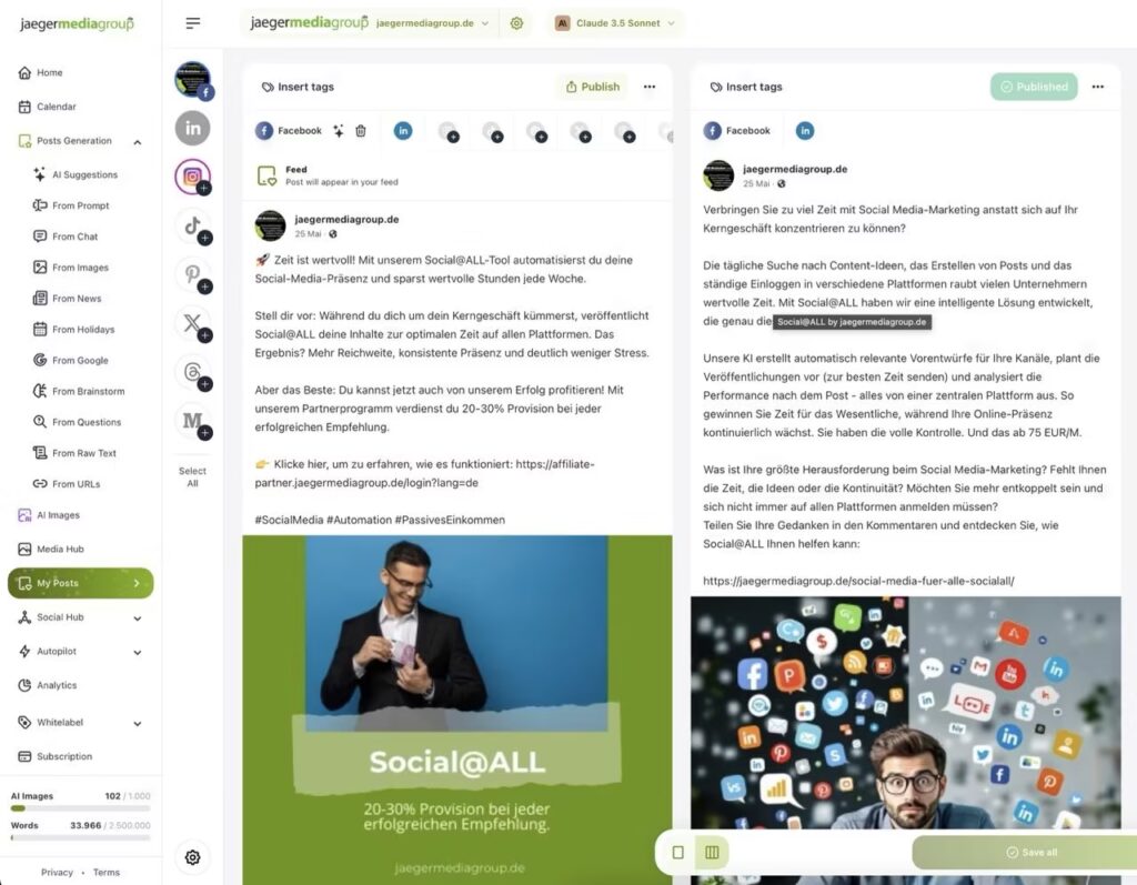 Screenshot einer Social-Media-Management-Plattform mit zwei Entw&uuml;rfen f&uuml;r Facebook-Posts: Auf der linken Seite ist ein Mann mit Brille und einer Social@ALL-Werbung zu sehen, auf der rechten ein Mann, der von schwebenden Social-Media-Symbolen umgeben ist. Tools und Men&uuml;s zur sozialen Automatisierung sind sichtbar.