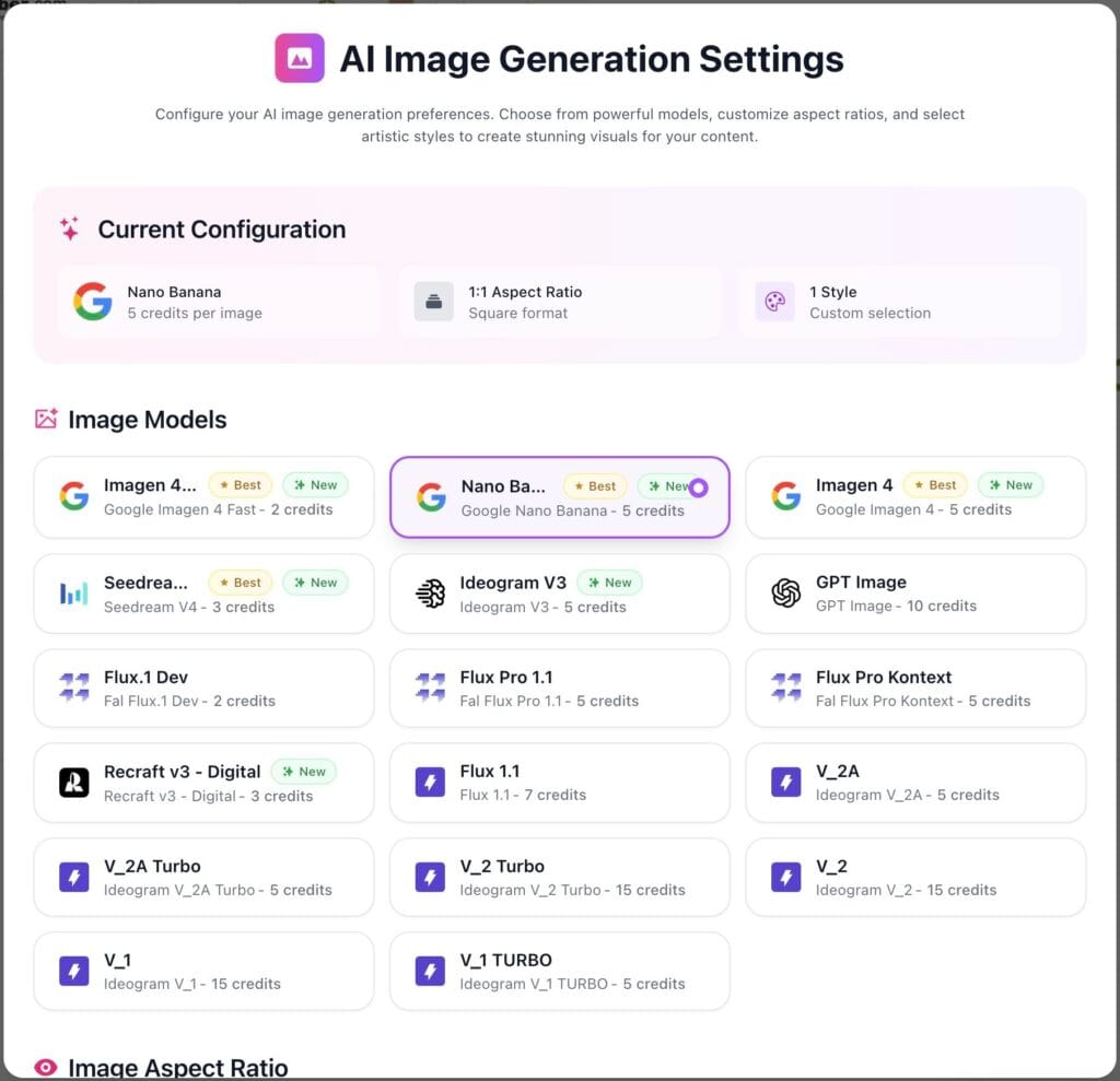 Screenshot einer Einstellungsseite f&uuml;r die KI-Bilderzeugung mit dem Modell Nano Banana, einem Seitenverh&auml;ltnis von 11:1, einem benutzerdefinierten Stil, Optionen f&uuml;r die soziale Automatisierung und einer Liste von Bildmodellen, in der die Kreditkosten und die hervorgehobenen Tags Best oder New angezeigt werden.